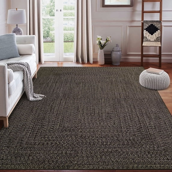 Senfot 10'x13' Large Area Rug, Braided Print, Machine Washable, Non-Slip, Low Pile, Solid Farmhouse Carpet for Bedroom, Living Room, Dining Room, Office, Brown
