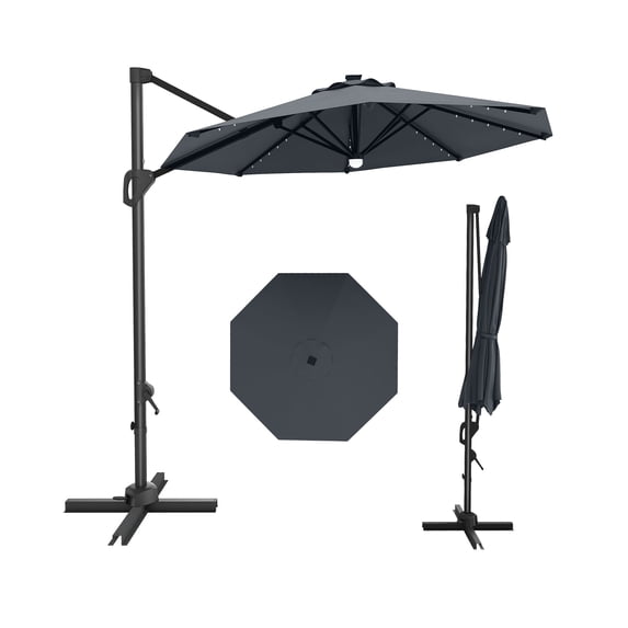 Senfot 10FT Offset Cantilever Patio Umbrella Solar LED Lights 360° Rotation Tilt Waterproof Cross Base for Backyard Pool Deck Garden