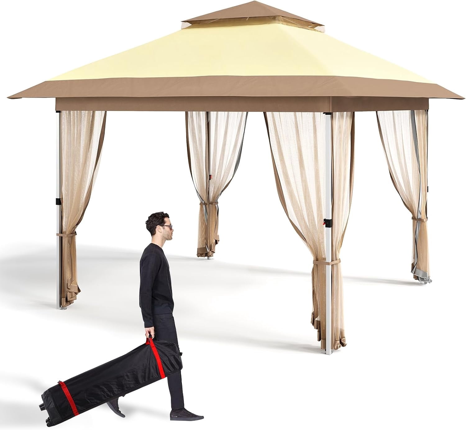 Senfot 10x10 FT Outdoor Folding Gazebo Canopy Tent with Mosquito Net Waterproof Windproof UV Proof for Camping Party Beige