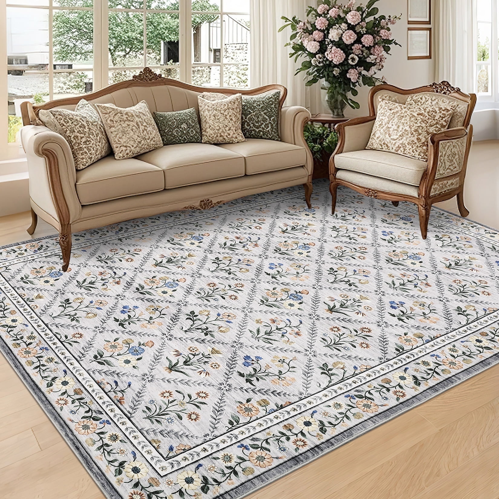 Senfot 10x13 Floral Print Area Rug Machine Washable Non-Slip Stain Resistant Low Pile Bordered Farmhouse Rug for Living Room Bedroom Home Office Gray