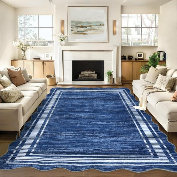Senfot 10x13 Modern Bordered Abstract Scalloped Area Rug Non-Slip Low Pile Stain Resistant Indoor Rug for Living Room Bedroom Dining Office Navy Blue