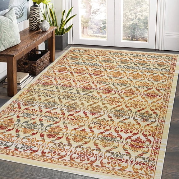 Senfot 10x13 Modern Floral Print Area Rug Retro Distressed Farmhouse Foldable Thin Colorful Anti-Slip Carpet for Living Room Multicolor