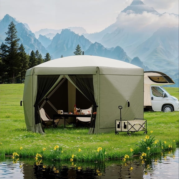 Senfot 11FT Hexagonal Pop Up Canopy Tent, 210D Polyester Fabric, 6 Sidewalls, Mesh Screen, 230cm Height Green