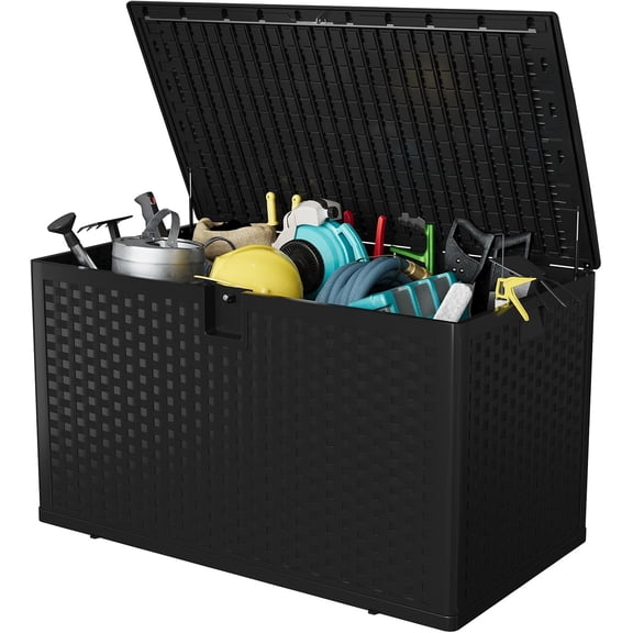 Senfot 120 Gallon Outdoor Storage Box, Plastic Resin, Weather Resistant, Patio Tool Organizer Container Black