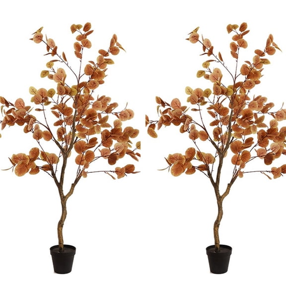 Senfot 120cm 2PCS 4FT Integrated Artificial Autumn Eucalyptus Tree Silk Cloth Lifelike Fall Faux Plant Thanksgiving Decor for Home Porch Garden Party Indoor Outdoor Ornament