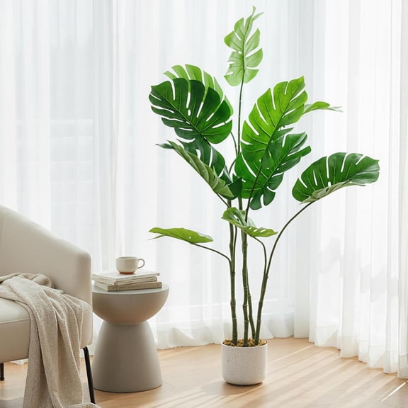 Senfot 120cm Single PEVA Artificial Monstera Deliciosa Plant Large Split Leaf Fake Greenery Floor Plant Tropical Style Home Office Indoor Ornament