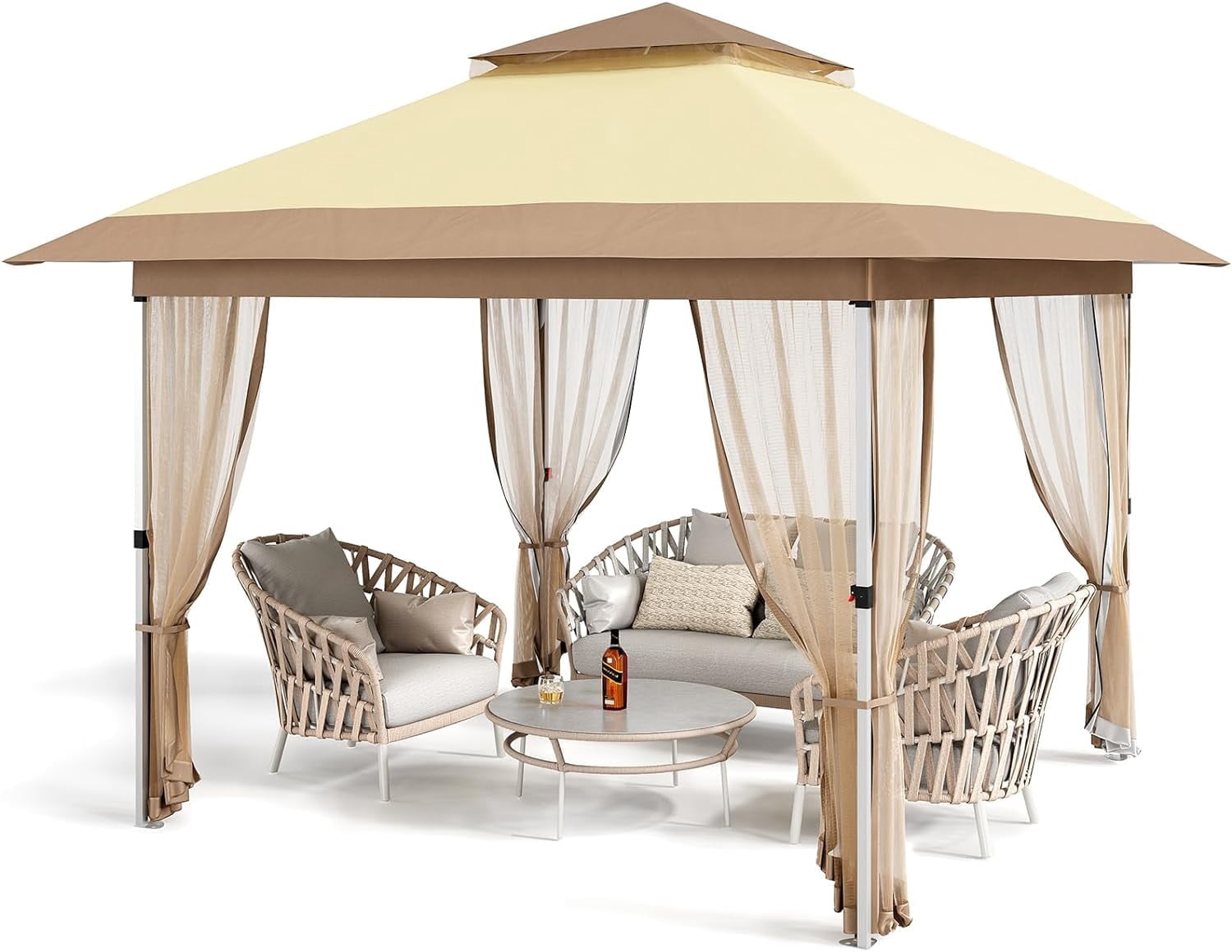 Senfot 12x12 FT Outdoor Folding Gazebo Canopy Tent with Mosquito Net Waterproof Windproof UV Proof Beige