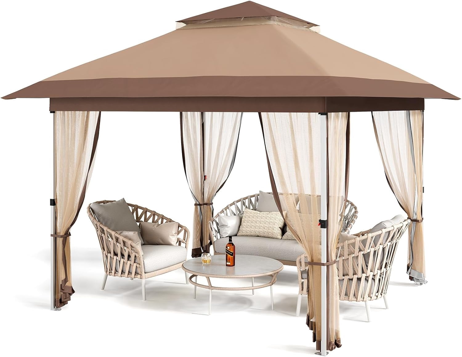 Senfot 12x12 FT Outdoor Folding Gazebo Canopy Tent with Mosquito Net Waterproof Windproof UV Resistant Khaki