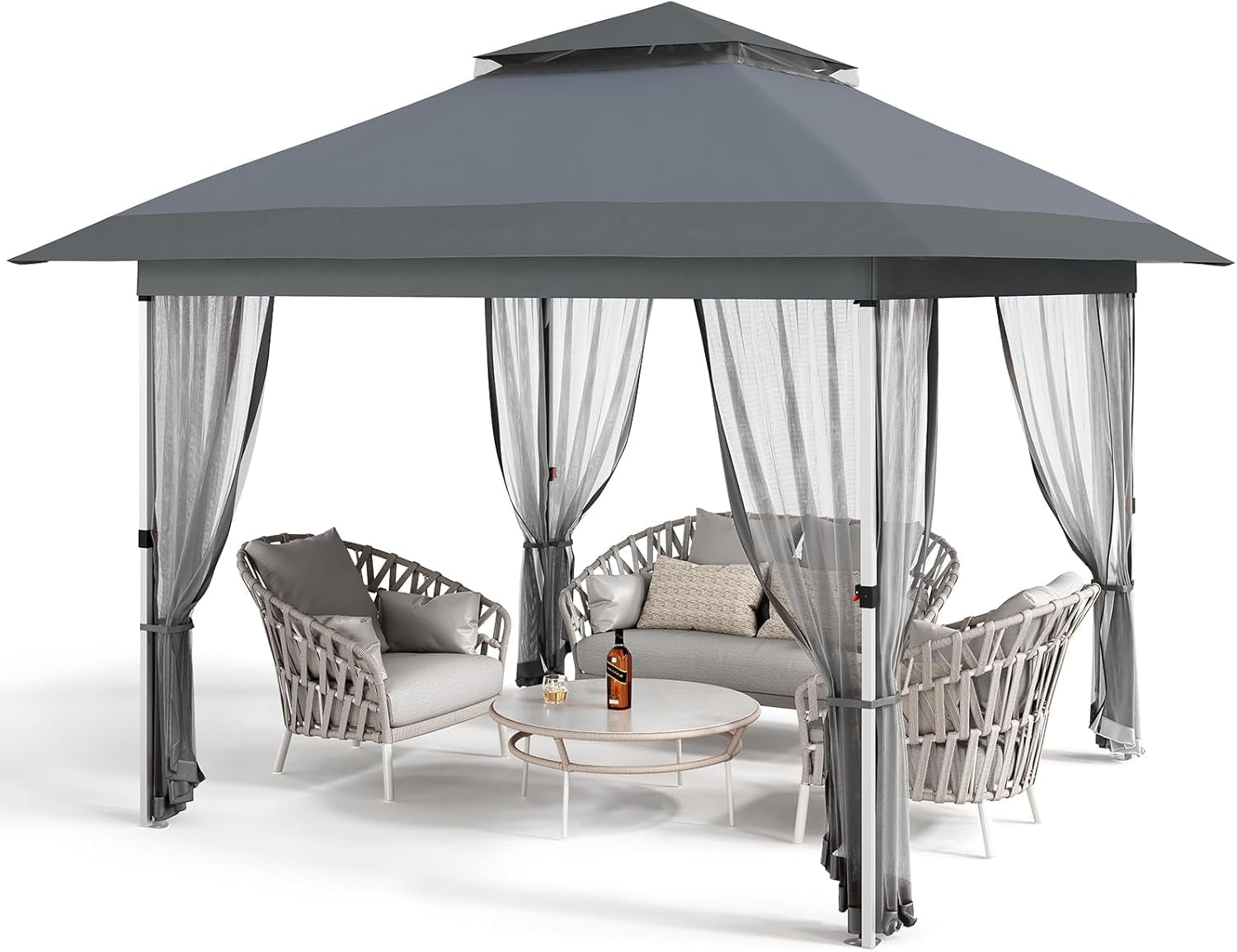 Senfot 12x12 FT Outdoor Folding Gazebo Canopy Tent with Mosquito Net Waterproof Windproof UV Resistant for Camping Party Yard Gray