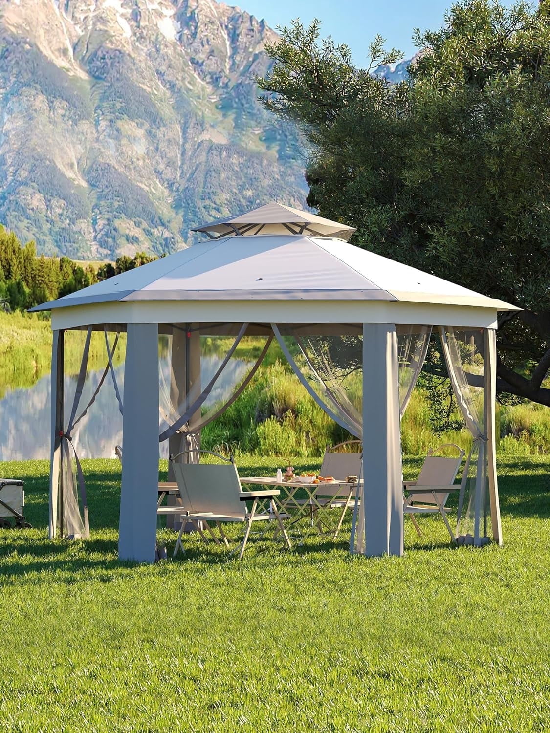 Senfot 13.29x13.29x9.25 FT Hexagonal Gazebo Screen Tent with Mosquito Netting Waterproof UV Protection for Patio Garden Gray