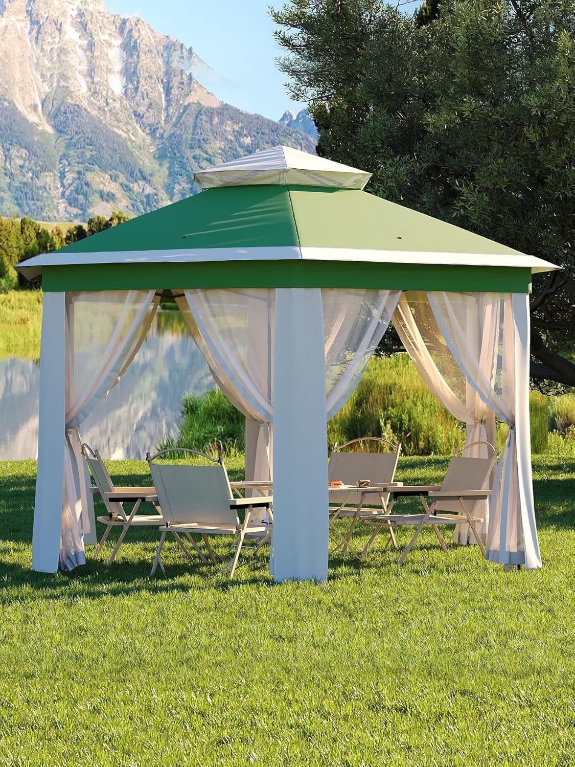 Senfot 13x13 FT Hexagonal Gazebo Instant Tent with Mosquito Netting Sun Shelter for Outdoor Patio Garden Green