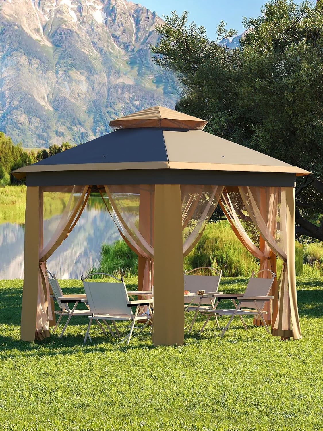 Senfot 13x13 FT Hexagonal Gazebo Tent with Mosquito Netting 6-Sided Sun Shelter for Outdoor Garden Patio