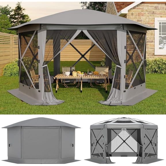 Senfot 13x13FT 6-Sided Gazebo Tent, One-Push Setup Canopy with Removable Top & Wind Cloths, Outdoor Shelter for Camping Backyard Parties Events, Grey