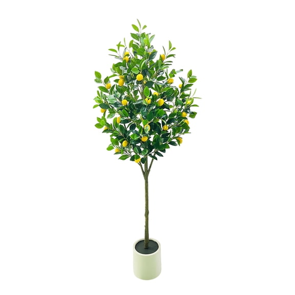 Senfot 150cm 5FT Single Trunk Three-Fork Encrypted Artificial Lemon Tree Plastic Realistic Faux Citrus Plant with White Explosion-Proof Pot and Moss Indoor Outdoor Decor