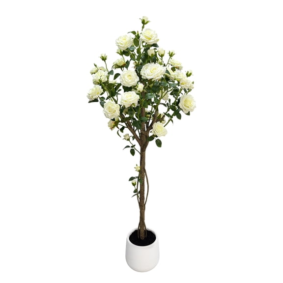 Senfot 150cm White Artificial Rose Mushroom Head Straight Trunk Tree Plastic Silk Cloth Elegant Faux Flower Plant with White Round Pot Stylish Home Floor Decoration