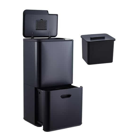 Senfot 16 Gal Dual Trash Can for Kitchen, Black (33L + 28L Compartments)