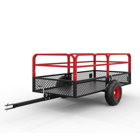 Senfot 1600LBS Steel Grid Frame Garden Dump Trailer 22Cu.Ft Red Side Panels Red Hub Wheels Heavy Farm Yard Transport Cart