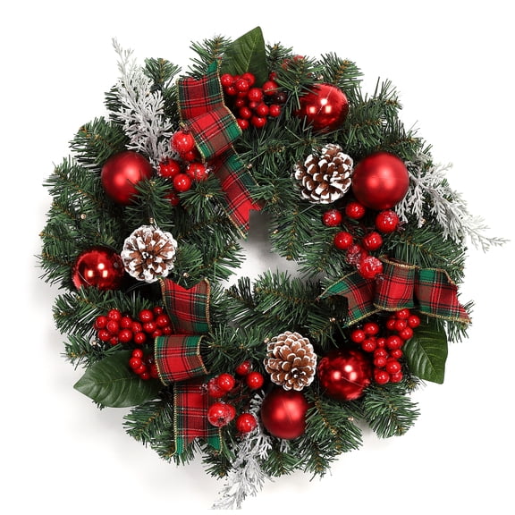 Senfot 18 Inch PVC Traditional Red Green Artificial Christmas Wreath Pre Lit with 15 LED Lights Weather Resistant for Front Door Wall Indoor Outdoor Farmhouse Holiday Xmas Home Decoration