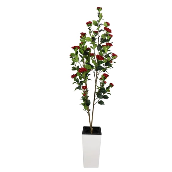 Senfot 180cm Red Artificial Camellia Tree Silk Cloth Plastic Thin Trunk Faux Flower Plant with White Tall Square Pot Low Maintenance Large Floor Ornament for Home Decor