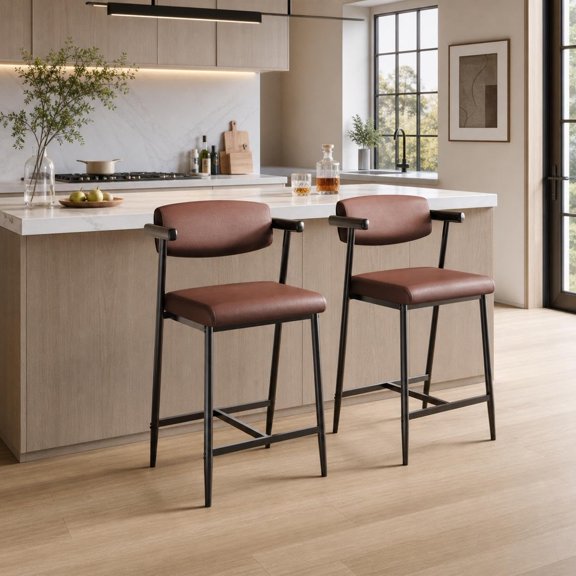 Senfot 2 Pack Padded Bar Stools- Sturdy PB and Metal Construction Upholstered Bar Chairs- Soft Faux Leather Cushioned Counter Height Stools for Home Bar Kitchen- Brown