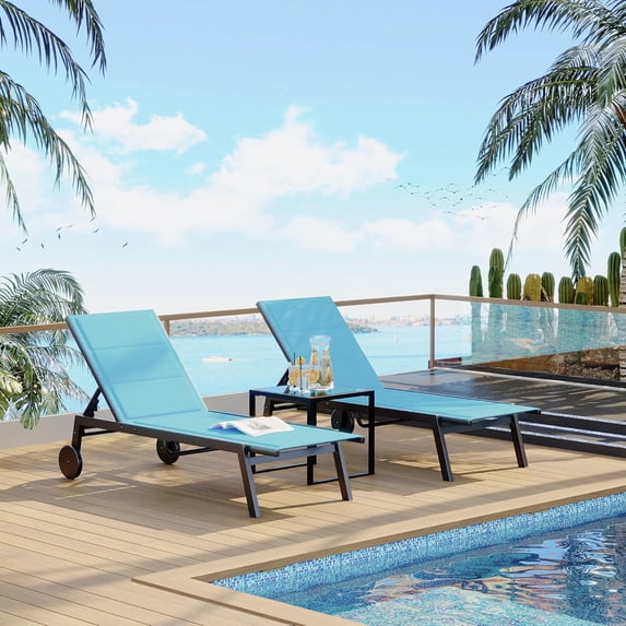 Senfot 2 Patio Textile Chaise Lounge Chairs with Side Table, Adjustable Backrest Loungers on Wheels for Outdoor Use - Blue