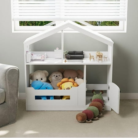 Senfot 2-Tier Kids Bookshelf & Toy Storage Organizer with Built-In Motion Sensor Light Wooden House-Shaped Book Rack, White
