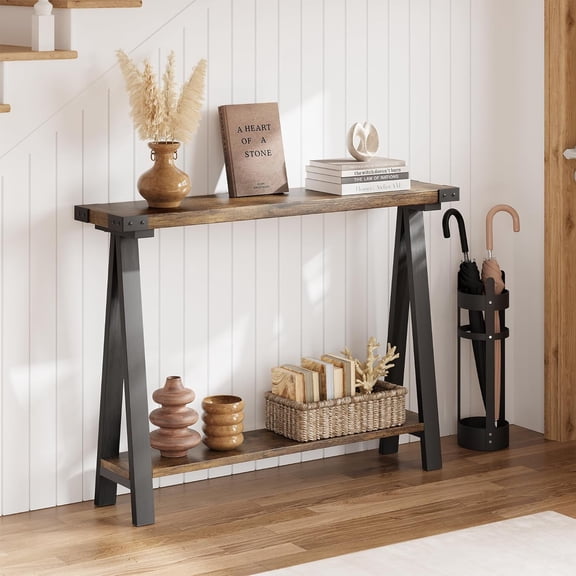 Senfot 2 Tier Sofa Table with Storage Shelf, V-Leg Design Farmhouse Console Table, Metal Frame, Versatile Feature Furniture for Living Room, Bedroom, Hallway, Brown