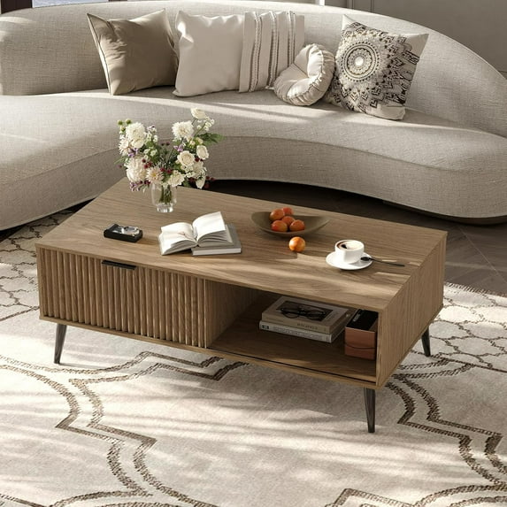 Senfot 2-Tier Wooden Coffee Table with Sliding Door, Coffee Table with Storage, Solid Wood Legs, Large Rectangle Modern Cocktail Table for Living Room, Mid Century for Home & Office, Wood Color