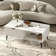 thumbnail image 1 of Senfot 2-Tier Wooden Coffee Table with Sliding Door, Coffee Table with Storage, Solid Wood Legs, Large Rectangle Modern Cocktail Table for Living Room, Mid Century for Home & Office,White, 1 of 8