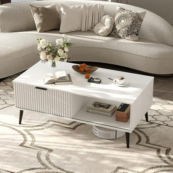 Senfot 2-Tier Wooden Coffee Table with Sliding Door, Coffee Table with Storage, Solid Wood Legs, Large Rectangle Modern Cocktail Table for Living Room, Mid Century for Home & Office,White