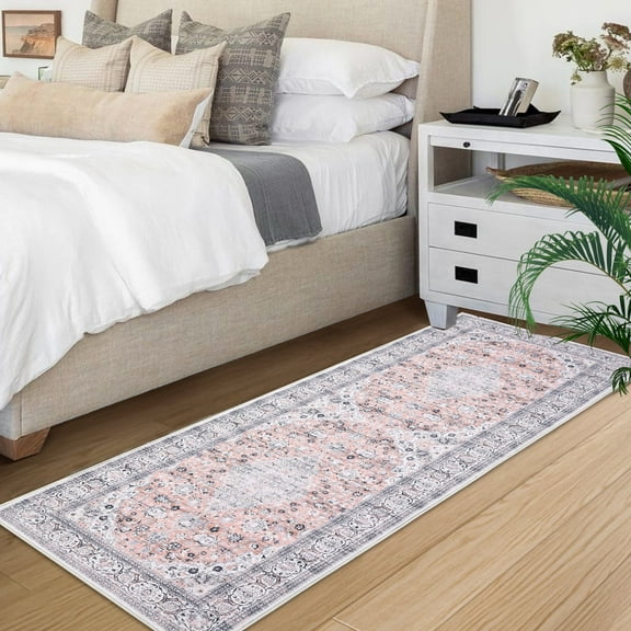 Senfot 2 x 6 Floral Vintage Washable Area Rug Low-Pile Non-Slip Rug, Distressed Print for Living Room, Bedroom, Indoor Area Rug for Home Decor Pink/Multi