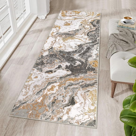 Senfot 2 x 8 Abstract Marble Washable Runner Rug, Non-Slip Kitchen Runner for Hallways, Ultra-Thin Soft Entryway Rug, Durable Modern Carpet for Bedroom Gray
