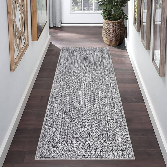 Senfot 2'x8' Braided Print Runner Rug, Machine Washable Non-Slip Low Pile Indoor Carpet for Hallway, Bedroom, Living Room, Gray