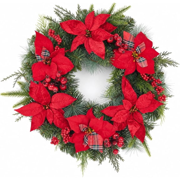 Senfot 20 Inch PE PVC Mixed Christmas Wreath with Classic Red Flower Ornaments Front Door Indoor Outdoor Farmhouse Home Wall Xmas Festive Decor