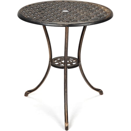 Senfot 23.6" Round Cast Aluminum Patio Bistro Table with Umbrella Hole, Weather-Resistant for Garden Brown