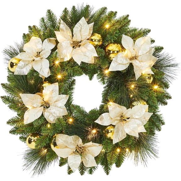 Senfot 24" Pre-Lit Artificial Christmas Wreath with 50 LED Lights, Frosted Pinecones & Berries, Winter Greenery for Front Door, Indoor/Outdoor Christmas Decor, Gold Holiday Wreath