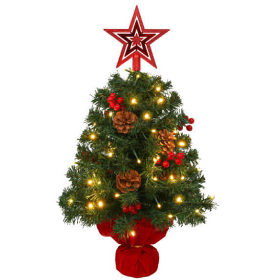 Senfot 24in Mini Christmas Tree with Lights, DIY Table Top Decoration for Indoor Home, Pre-Lit Artificial Christmas Tree,Red & Green
