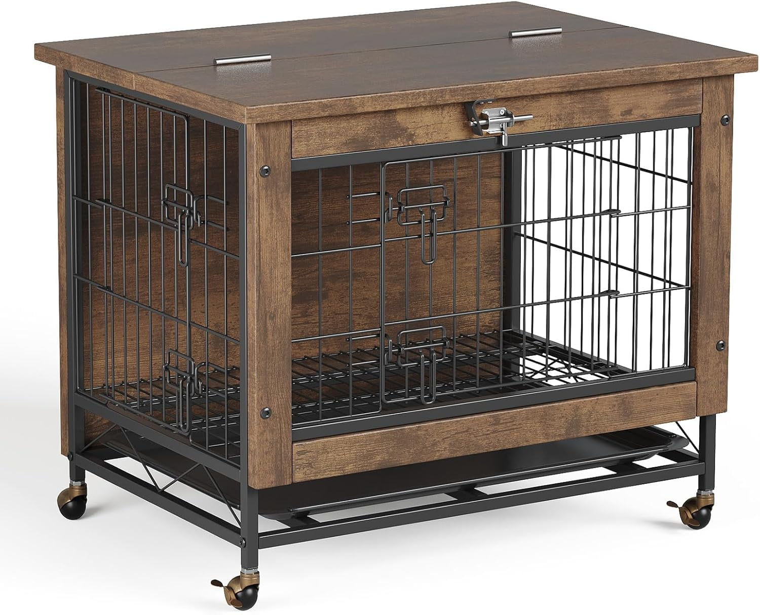 Senfot 26-Inch Double-Door Pet Crate Furniture, Wooden Dog House with Locking Wheels, Chew-Resistant Indoor Pet Side Table, Rustic Brown