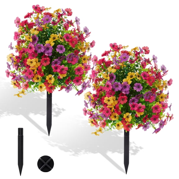 Senfot 2Pcs 23.62 Inch Mixed Color Artificial Boxwood Flower Ground Insert Shrub Plastic Lifelike Faux Bloom Bush Durable Outdoor Garden Landscape Decor