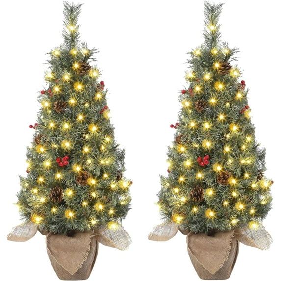 Senfot 2pcs 3FT Christmas Tree,Pre-Lit Christmas Tree Tabletop with 78 LED Lights, Artificial Christmas Tree with Berry Clusters, Battery Operated, Flocked Potted Christmas Tree for Front Door, Porch