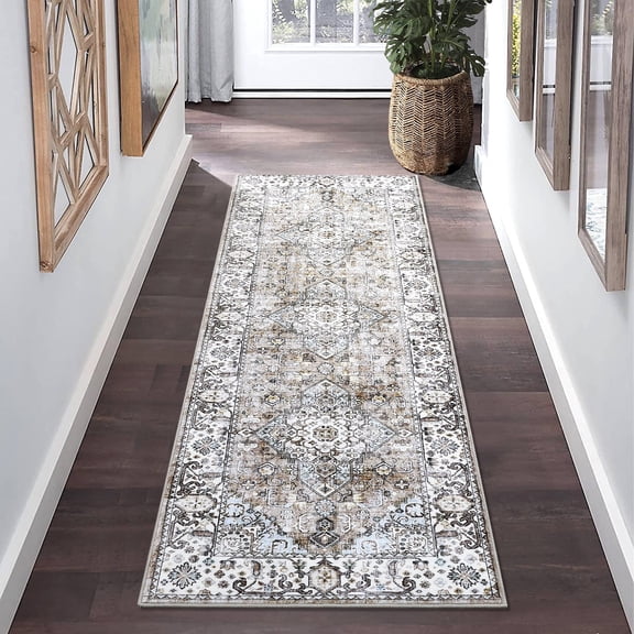 Senfot 2x6 Boho Medallion Distressed Area Rug Anti-Slip Non-Shedding Foldable Thin Carpet for Dining Room Home Office Living Room Gray
