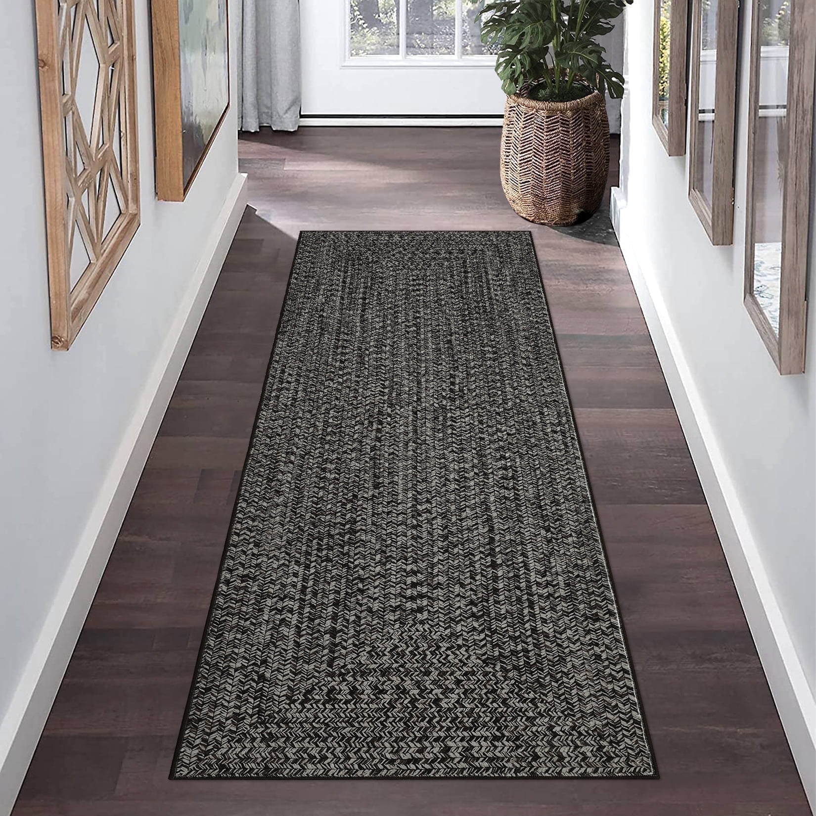 Senfot 2x6 Runner Rug Machine Washable Non-Slip Low Pile Braided Print Indoor Rug for Hallway Kitchen Entryway Bedroom Living Room, Gray Brown