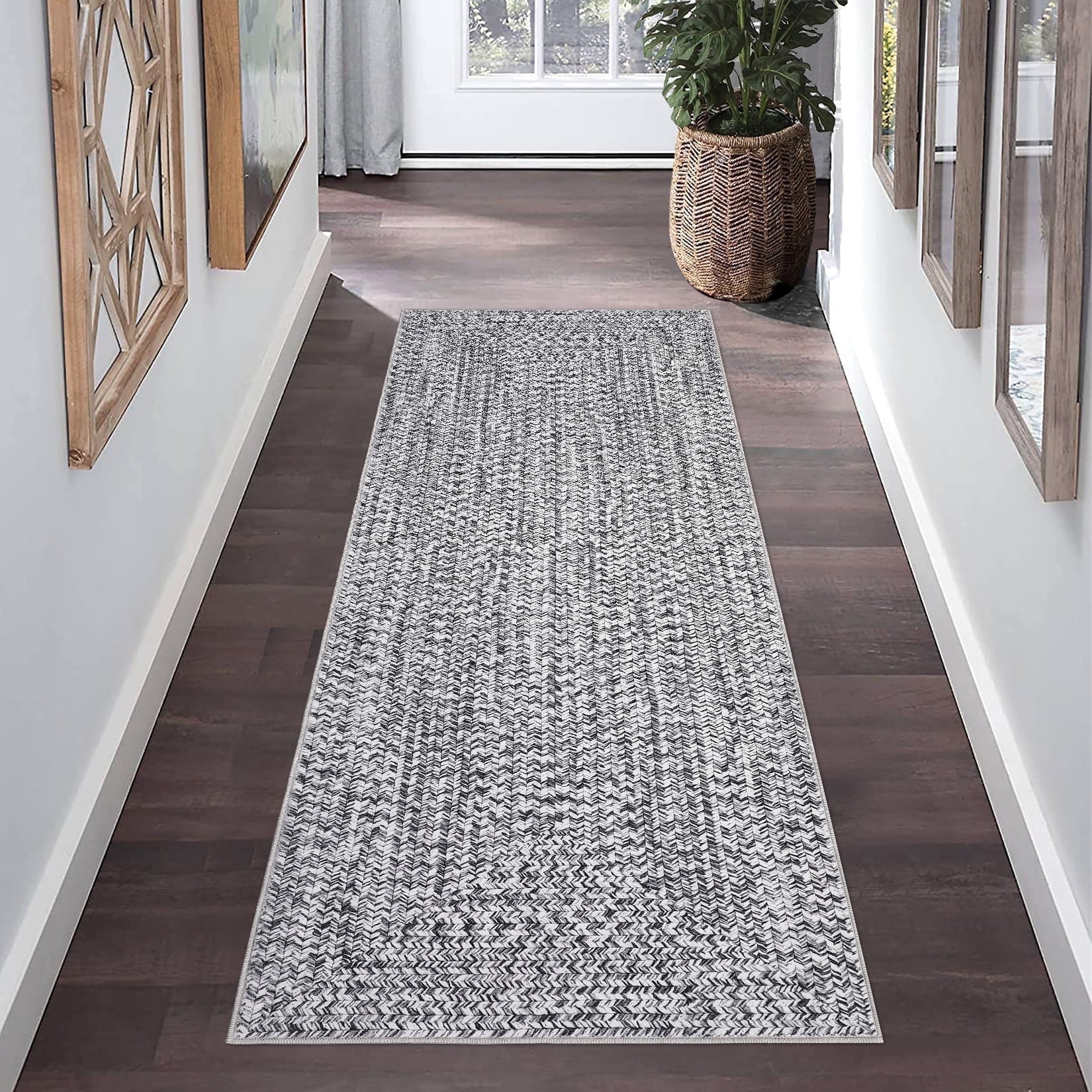 Senfot 2x6 Runner Rug Machine Washable Non-Slip Low Pile Braided Print Indoor Rug for Hallway Kitchen Entryway Bedroom Living Room, Gray