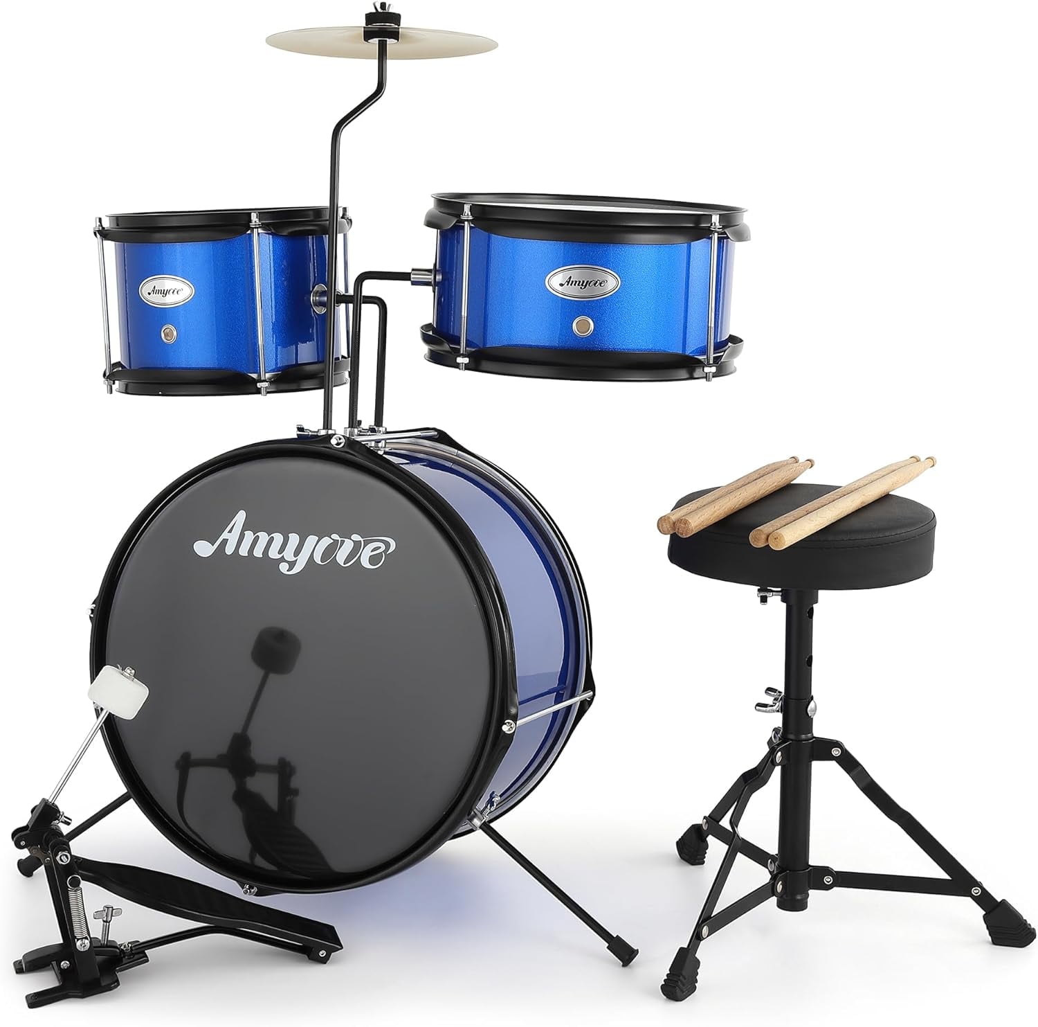 Senfot 3-Piece Drum Set, Wood & Metal, Bass Drum, 2 Toms, Cymbal, Sticks, Pedal & Stool, Beginner Kit, Blue