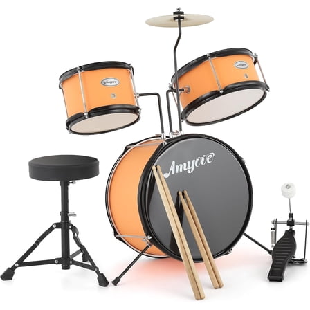 Senfot 3-Piece Drum Set, Wood & Metal, Bass Drum, 2 Toms, Cymbal, Sticks, Pedal & Stool, Beginner Kit, Orange