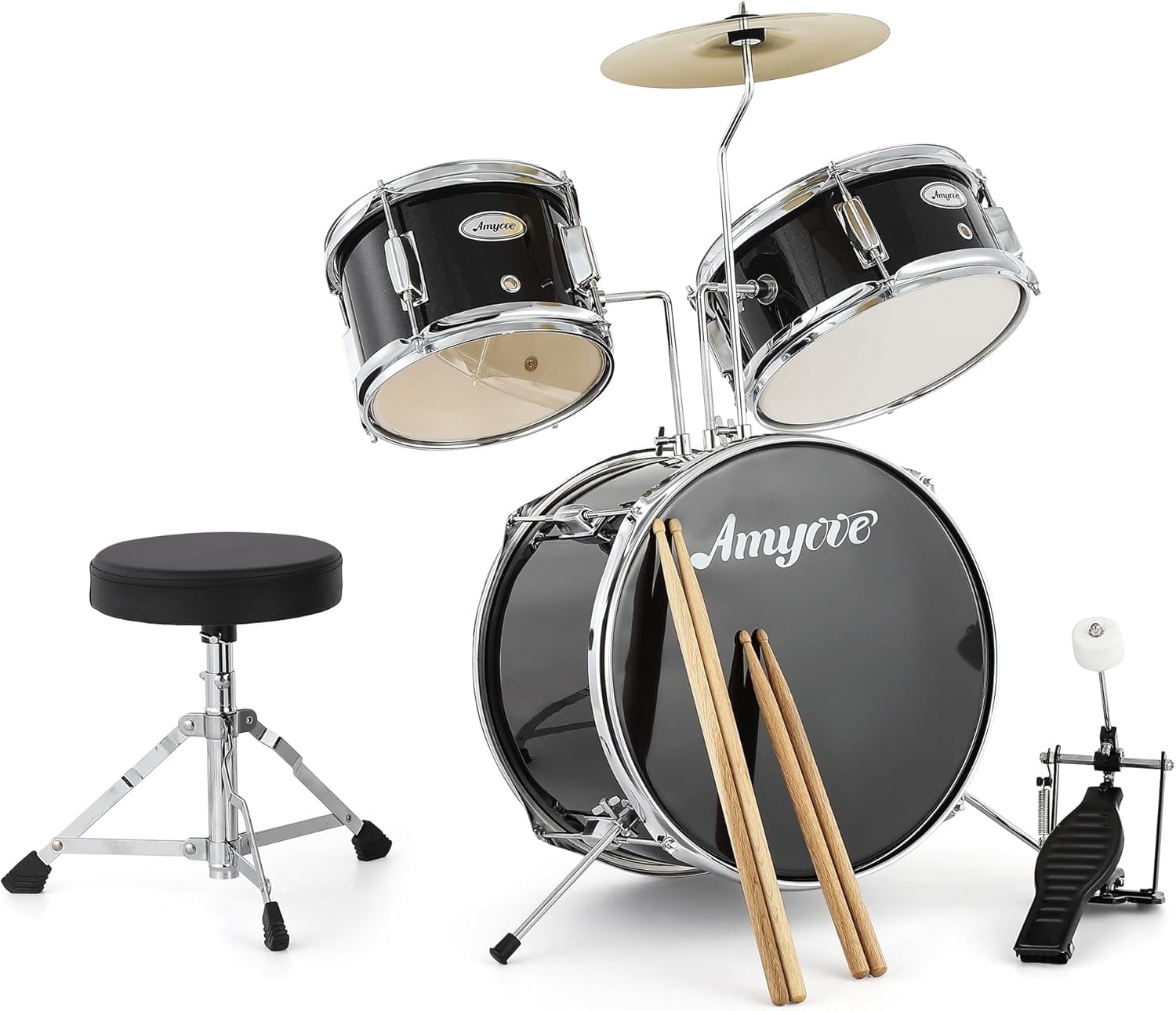 Senfot 3-Piece Drum Set with Cymbal, Tom, Bass Drum, Drumsticks, Bass Pedal & Stool, Beginner Kit, Black