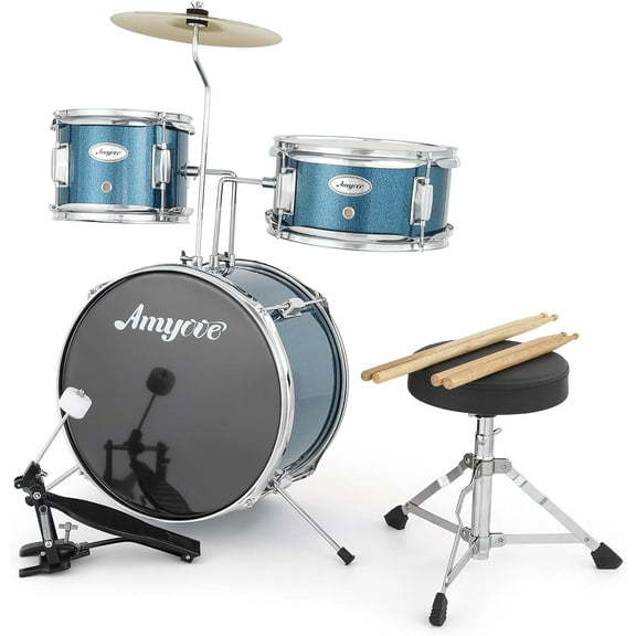 Senfot 3-Piece Drum Set with Cymbal, Tom, Bass Drum, Drumsticks, Bass Pedal & Stool, Beginner Kit, Blue