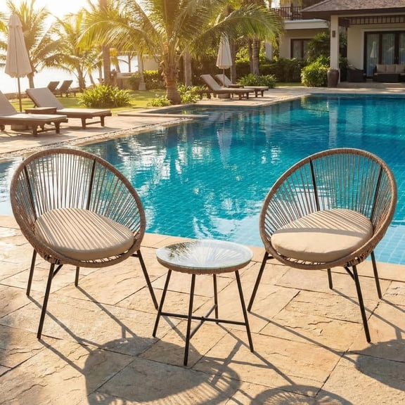 Senfot 3 Piece Outdoor Bistro Set Woven Chairs with Removable Cushions Tempered Glass Side Table Weather Resistant Patio Furniture for Garden Deck Backyard Brown
