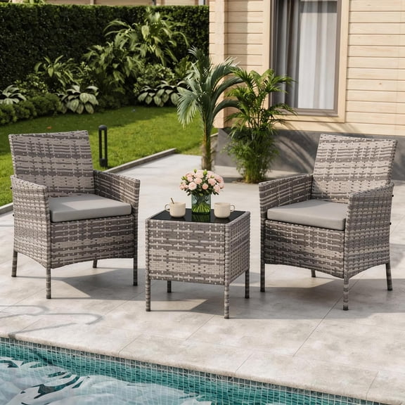 Senfot 3-Piece Outdoor Furniture Set, PE Rattan Chairs & Glass Coffee Table – All-Weather Patio Set for Backyard, Porch, Balcony (Gray)