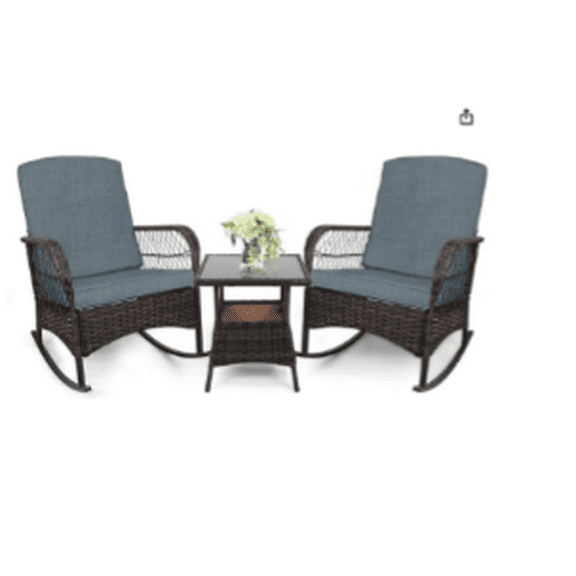 Senfot 3-Piece Outdoor Hollow Wicker Glider Chair Set, PE Rattan Rocking Chairs with Table, Comfort Seating for Patio Garden Gray Blue